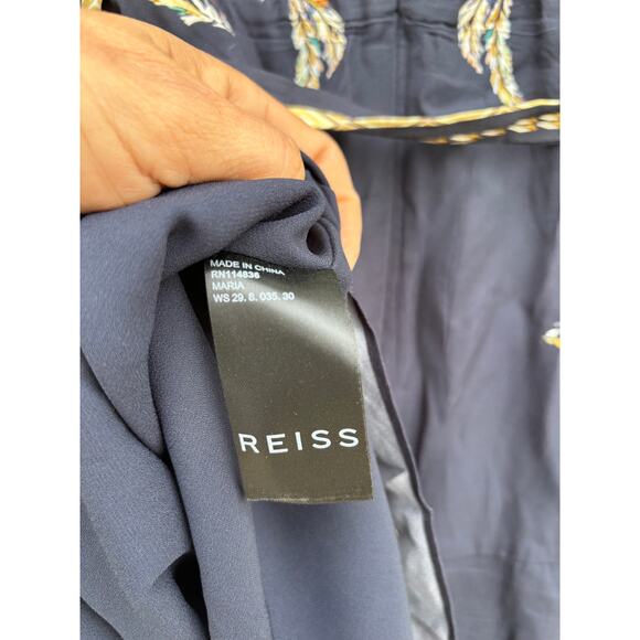 REISS Maria‎ Feather Print Mini Dress, Navy Blue, Keyhole Slits, Sz 2 - Picture 6 of 7